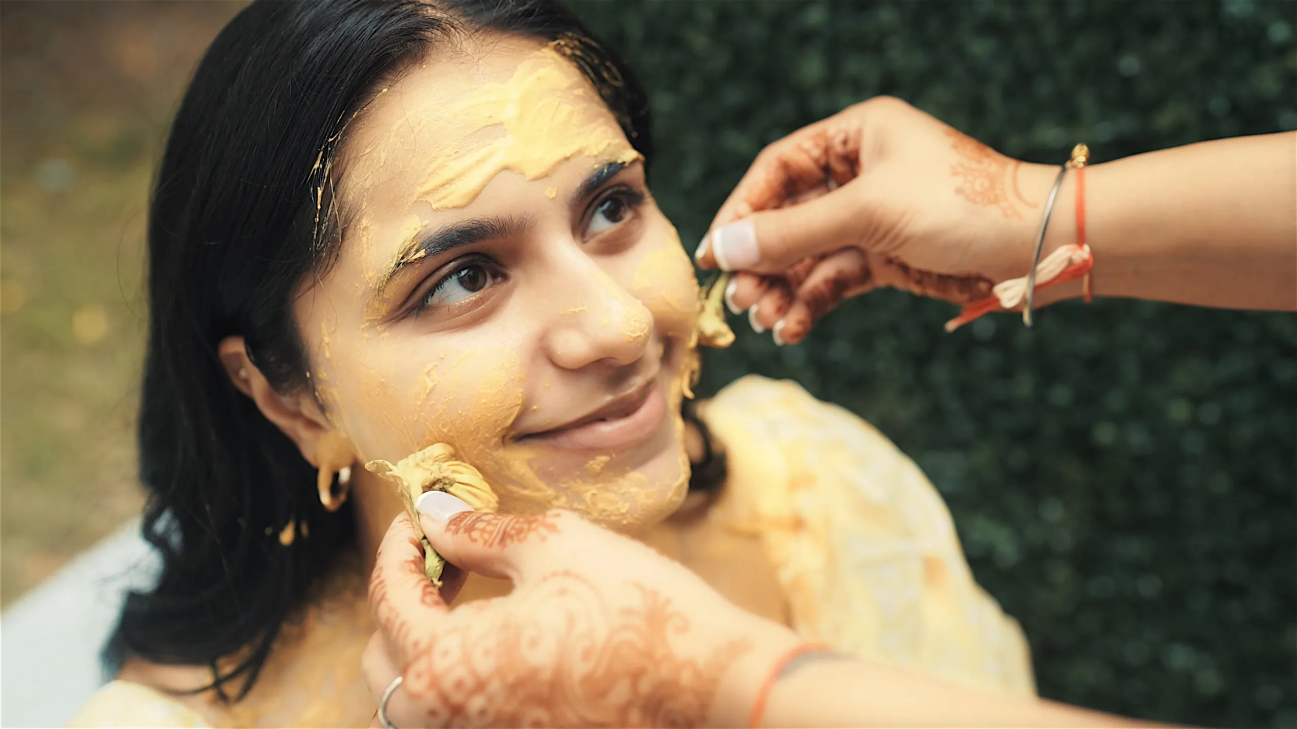 Hindu bride during Haldi and Choora ceremony at her home in Mississauga captured by Cinematic RGB