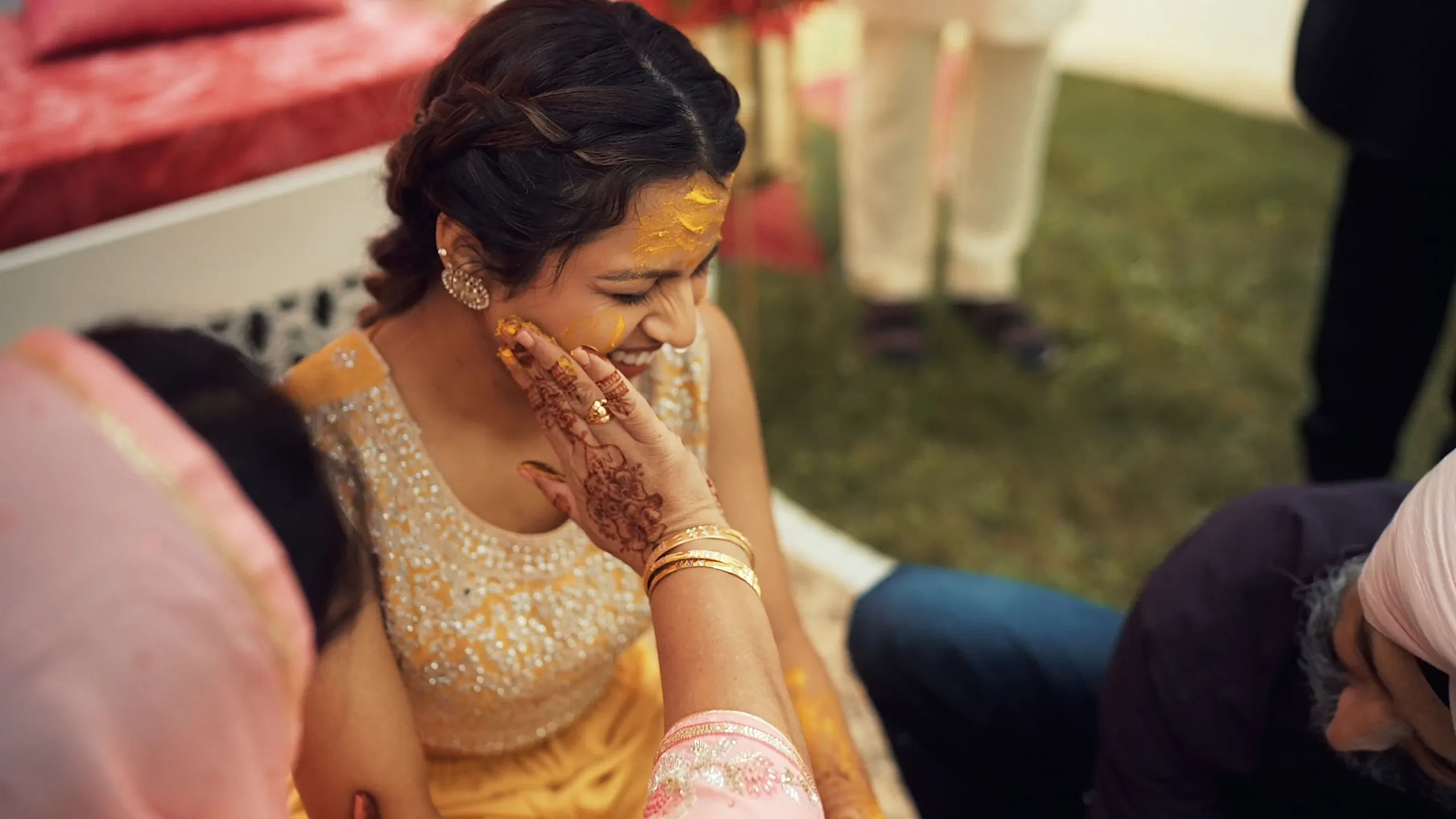 Sikh bride during Maiyan and Chura ceremony at a home in Brampton captured by professional photo and video team