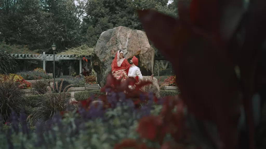 Sikh bride and groom portrait in Scarborough park after wedding ceremony, captured by Cinematic RGB