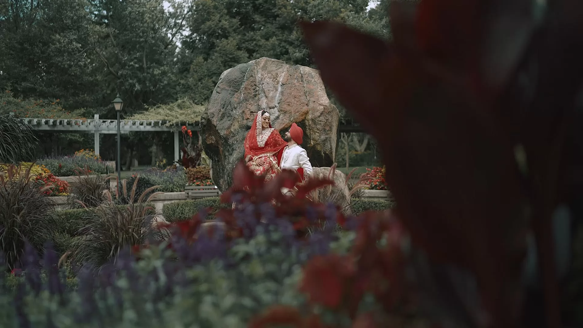 Sikh bride and groom portrait in Scarborough park after wedding ceremony, captured by Cinematic RGB