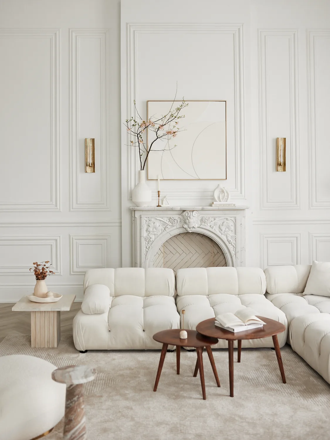 Elegant indoor photoshoot at Mint Room Studios in Toronto's Junction, featuring The Ballroom with white floors and grand fireplaces.