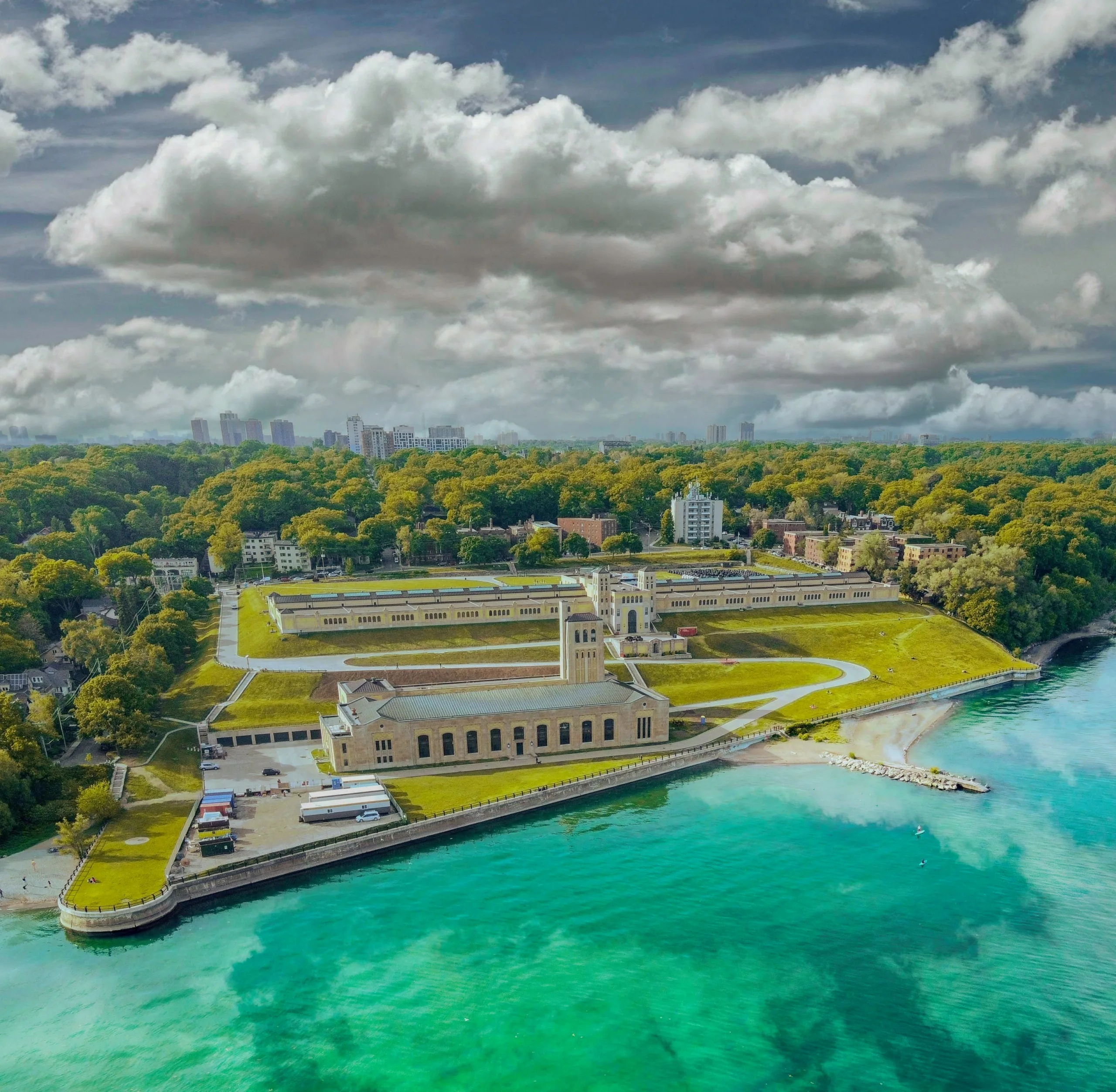 A couple at R.C. Harris Water Treatment Plant in Scarborough, a historic Art Deco architectural landmark for pre-wedding photography.