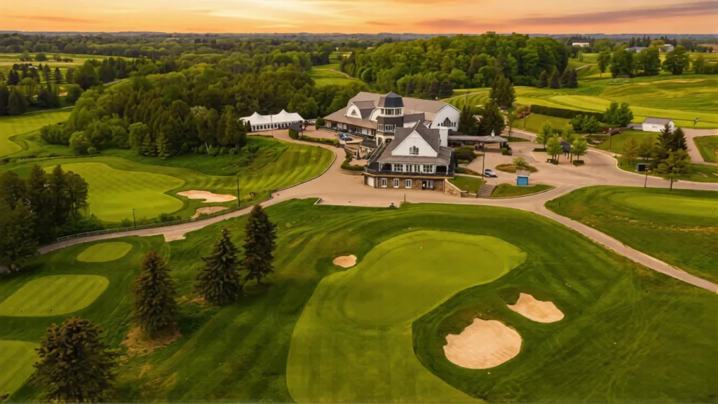 South Asian wedding couple portrait session on the green outdoor terrace at Angus Glen Golf Club in Markham.