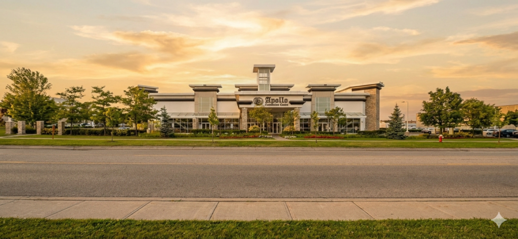 Modern hall interior with blue LED mood lighting at Apollo Convention Centre Mississauga.