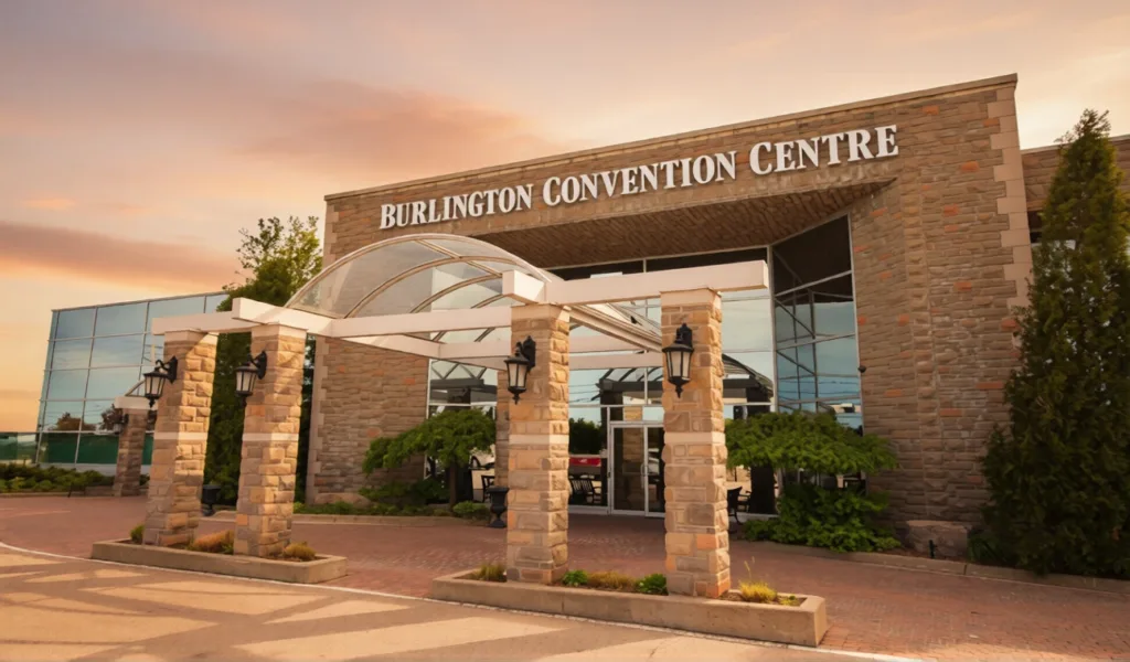 Front facade of Burlington Convention Centre, a venue frequently used for large South Asian wedding parties.