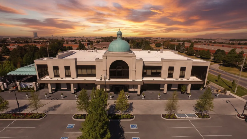 Chic outdoor courtyard ceremony and modern ballroom at Chateau Le Parc event venue.
