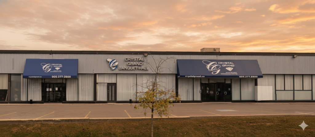 Elegant boutique ballroom with a large crystal chandelier at Crystal Grand.