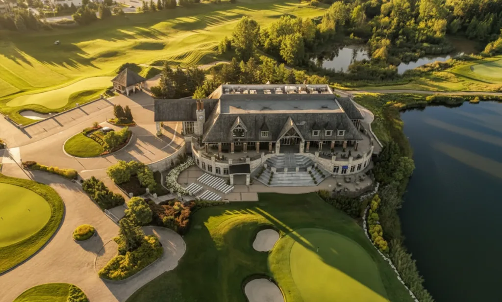 Luxury golf club wedding at Eagles Nest with Toronto skyline views from the balcony.
