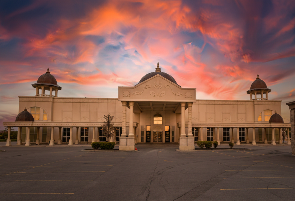 Regal castle-style exterior of Grand Empire Banquet Hall with five gold domes.
