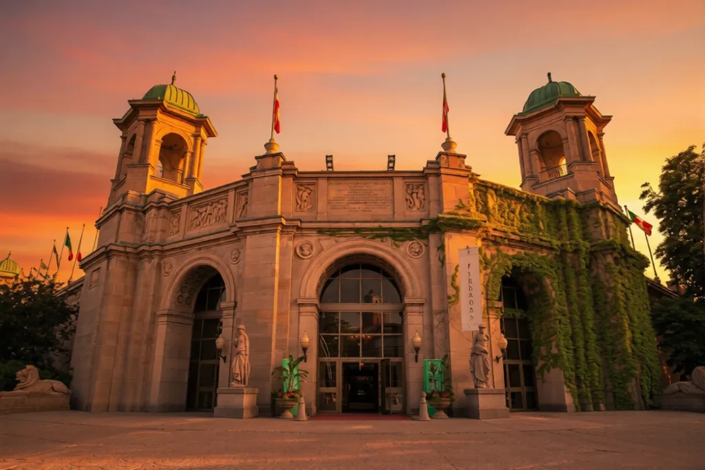 The historic central courtyard at Liberty Grand, ideal for filming open-air cocktail hours and Baraat arrivals.