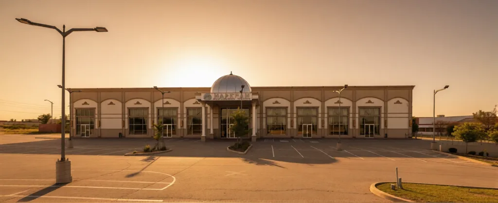 The grand exterior entrance of Markham Convention Centre in Scarborough, illuminated for a luxury South Asian wedding reception.