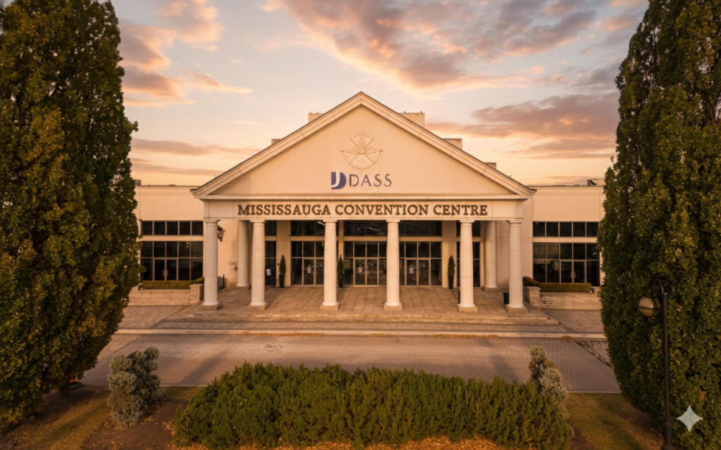 Grand pillar-free ballroom with crystal chandeliers at Mississauga Convention Centre.