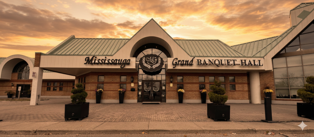 Polished ballroom setup for a 200-guest wedding at Mississauga Grand Banquet Centre.