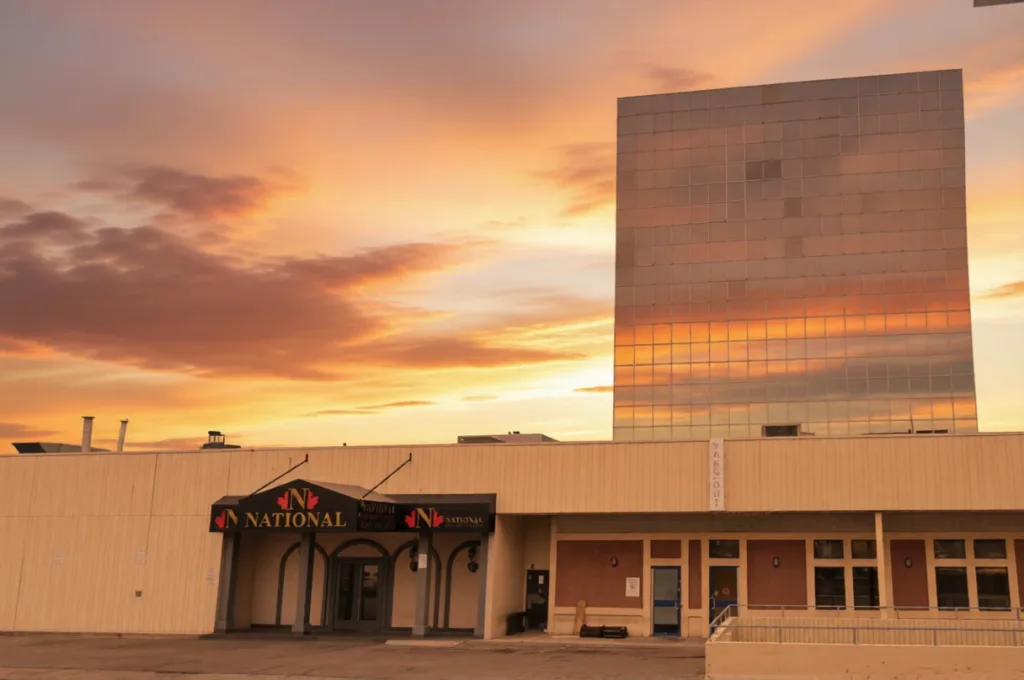 The main entrance of National Event Venue in Toronto, lit up for an evening reception.