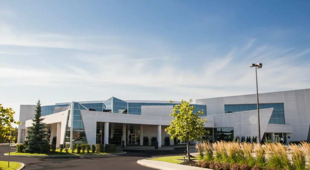 Elegant wedding entrance at Paramount EventSpace Woodbridge featuring the grand staircase and modern lobby.