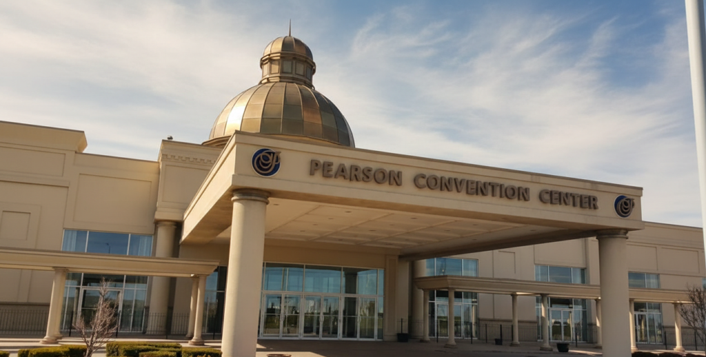 Front view of the modern glass and stone facade of Pearson Convention Centre Brampton.