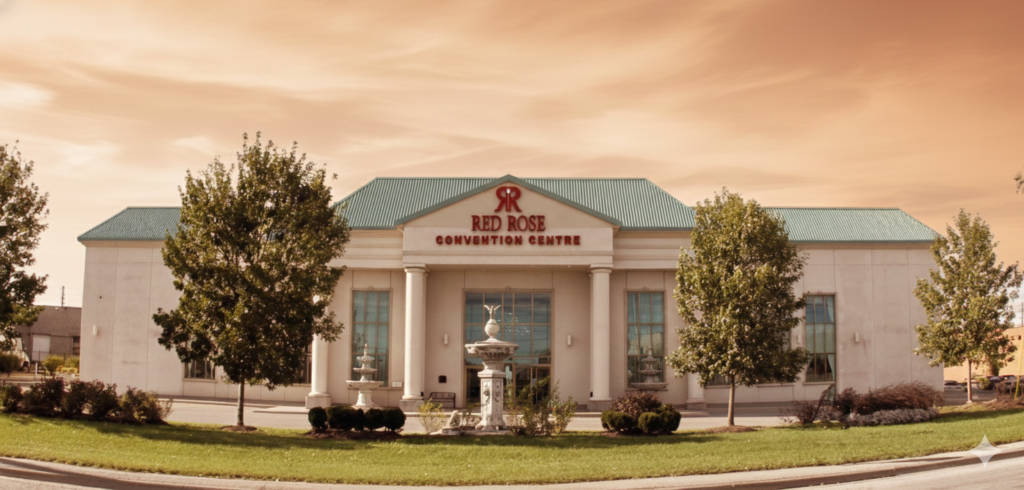 Opulent lobby with a waterfall feature at Red Rose Convention Centre.