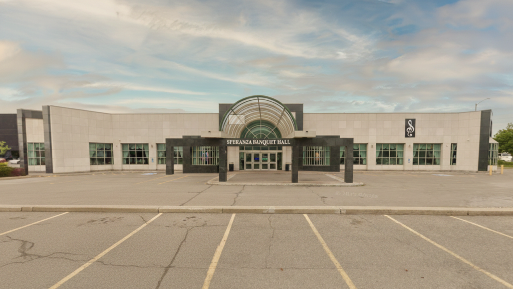 Roman-style architectural exterior of Speranza Banquet Hall Brampton with a grand entrance.
