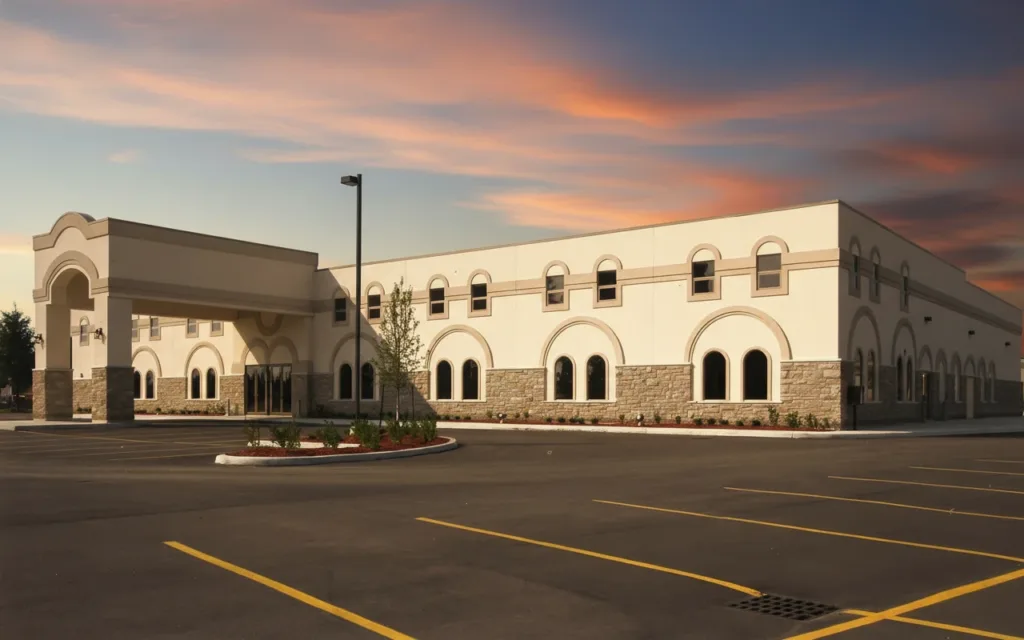 Green park space surrounding St. George’s Banquet Hall in Waterloo, used for family video sessions.