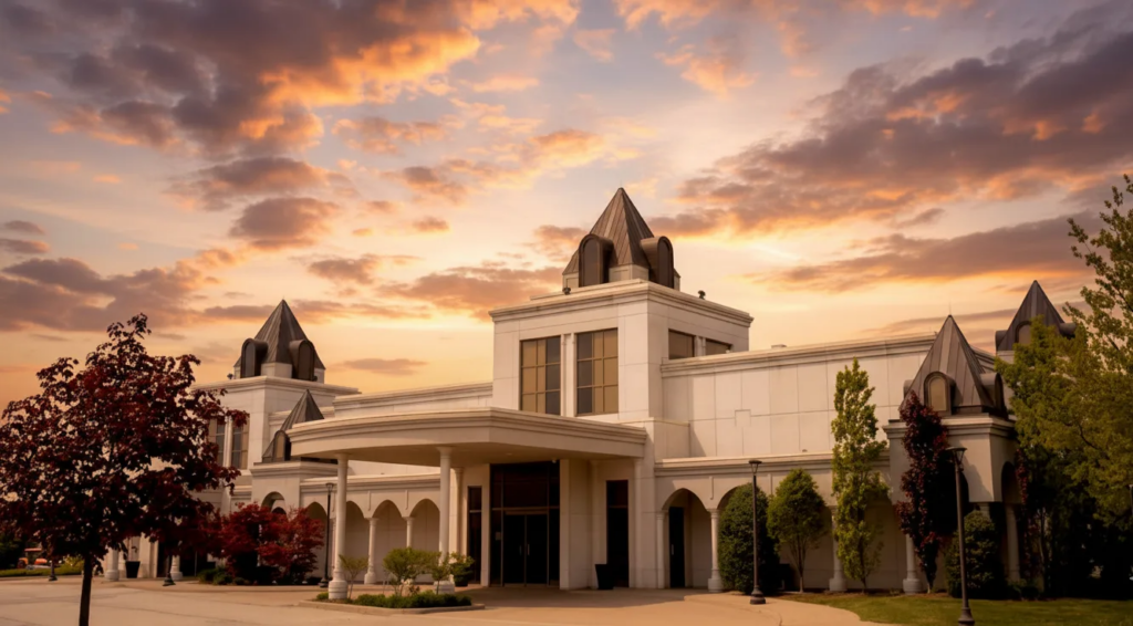 Exterior view of The Venetian wedding venue showcasing classic European grandeur captured by Cinematic RGB