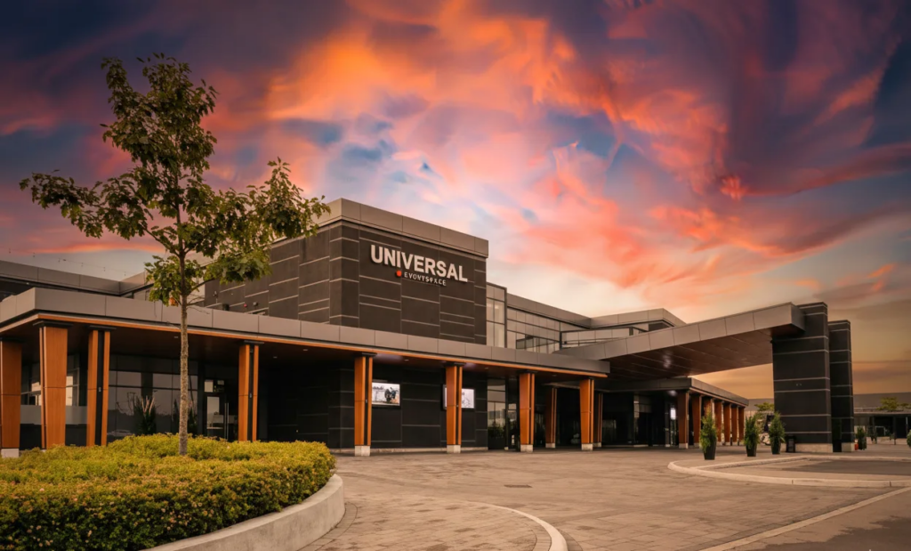 Large scale modern wedding reception at Universal EventSpace Vaughan with massive LED walls and luxury decor.