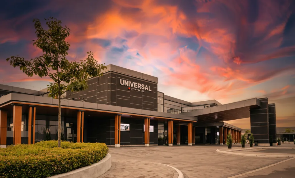 Large scale modern wedding reception at Universal EventSpace Vaughan with massive LED walls and luxury decor.