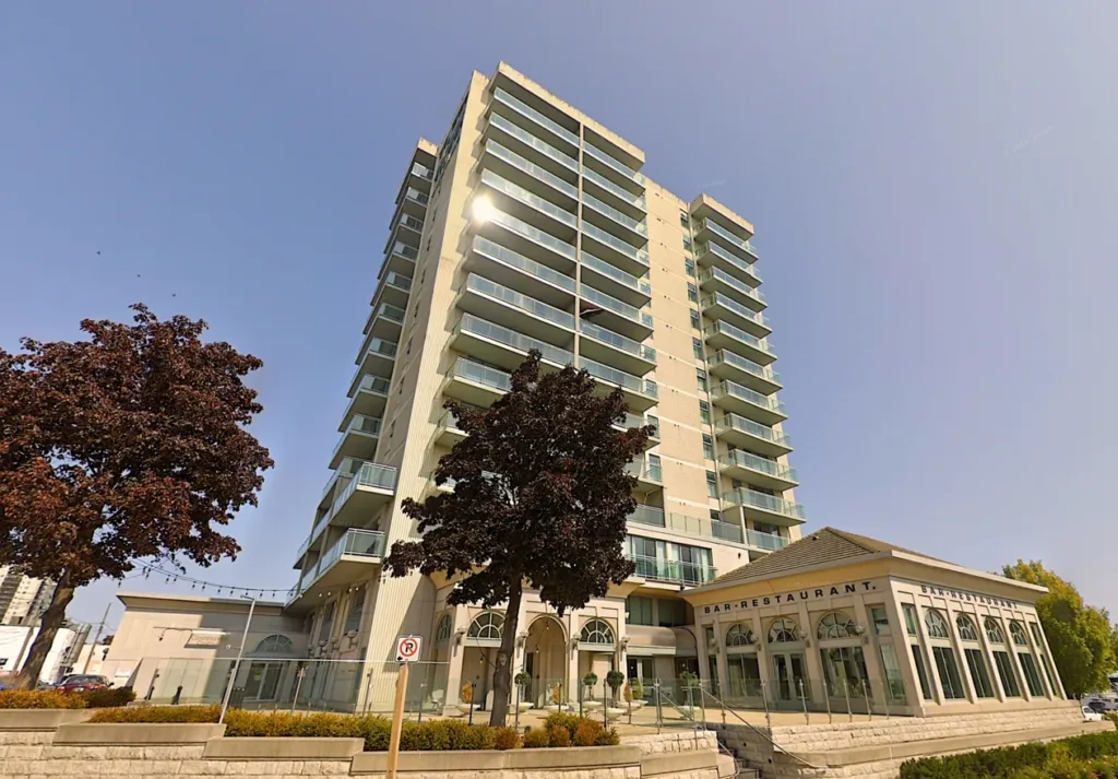Port Credit Ballroom with crystal chandeliers and terrace at The Waterside Inn.