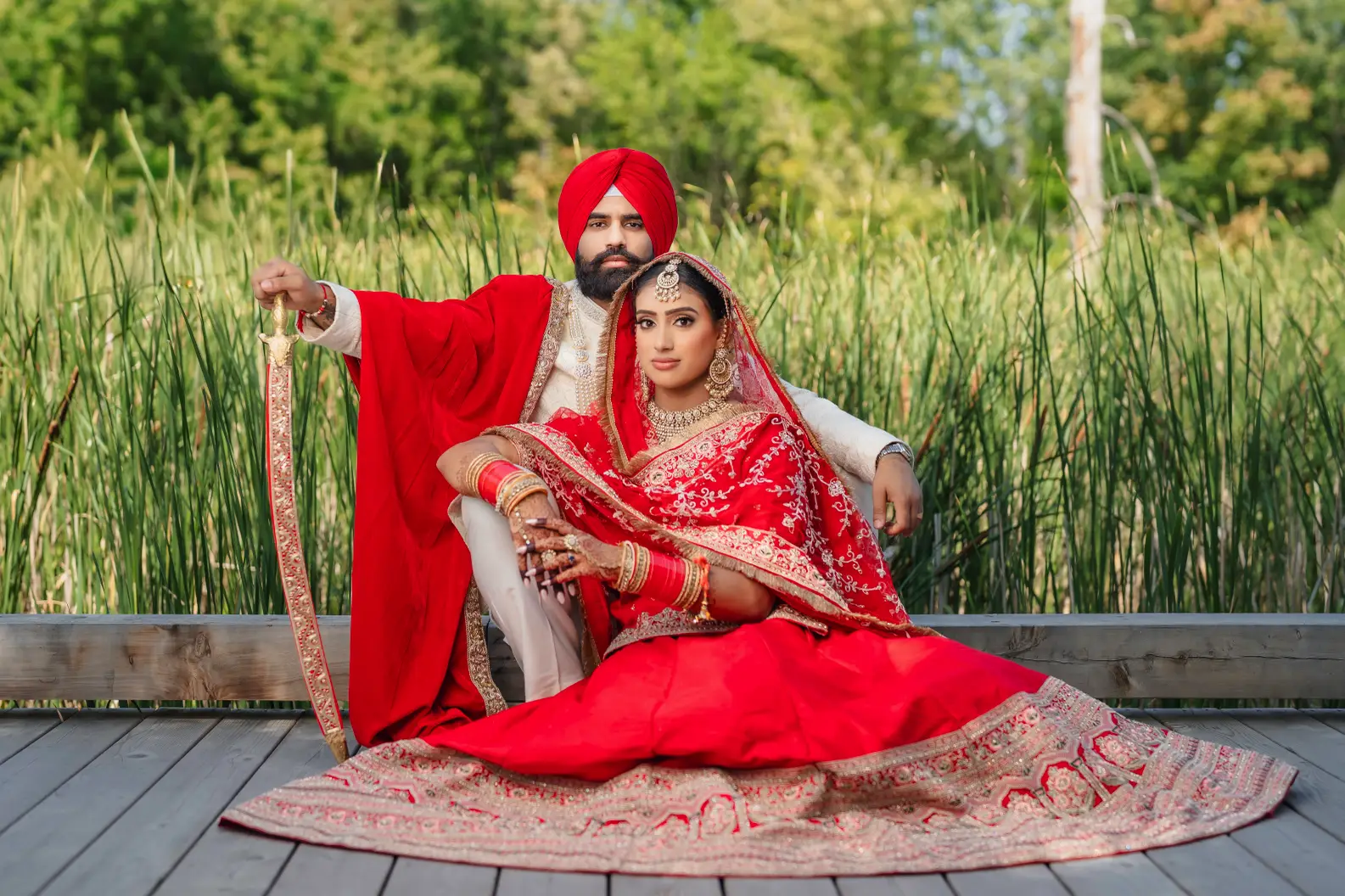 Sikh bride and groom in traditional wedding attire in Vaughan