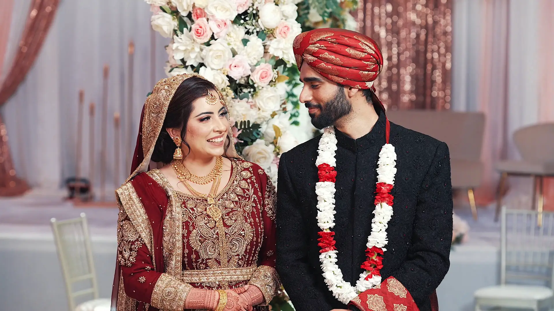 Muslim bride and groom in traditional wedding attire in Vaughan
